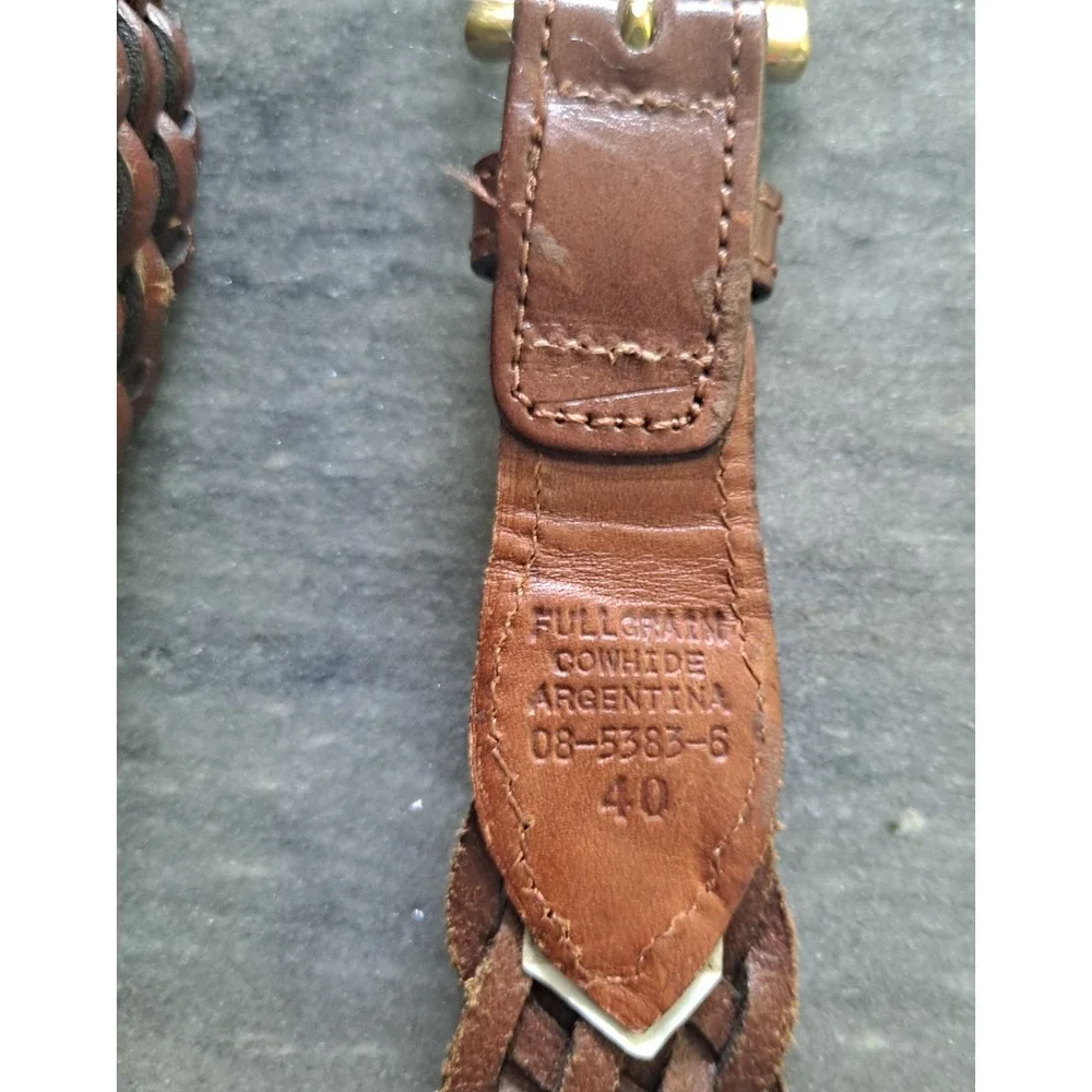 Full Grain Cowhide Argentina Brown Woven Leather Belt Solid Brass Buckle Sz 40